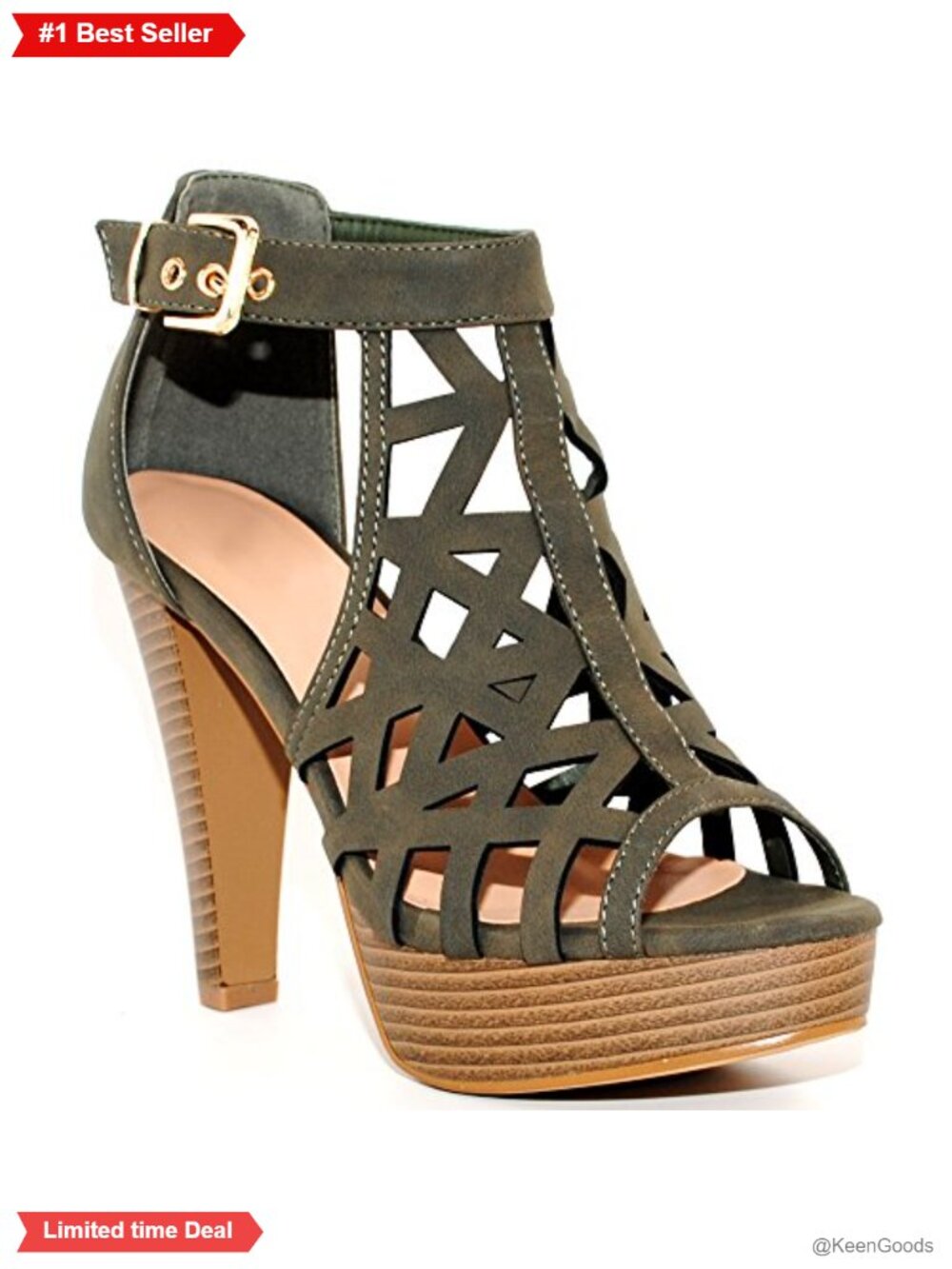 Open Toe Ankle Strap Sandal Laser Cutout Chunky Wooden Stacked Heel